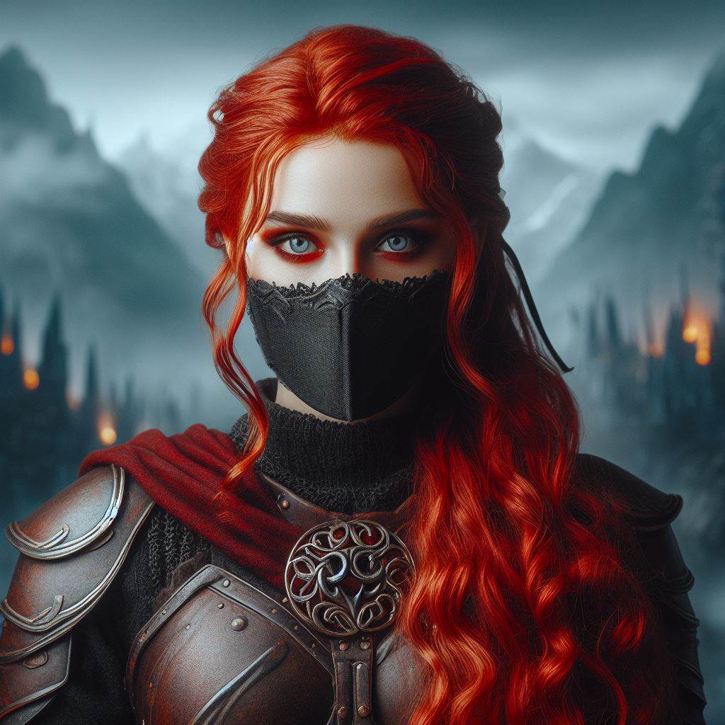 Eine Menschliche  Dame in roten haaren und lederrüstung, hat eine mund-nasen abdeckung in Schwarz in Mordor